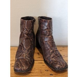 Via Spiga Snakeskin Print Brown Leather Zip Ankle Boots Square Toe Italy Sz 7.5M